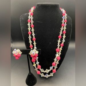 Vintage long Double crystal & pink bubble bead necklace & clip earrings set